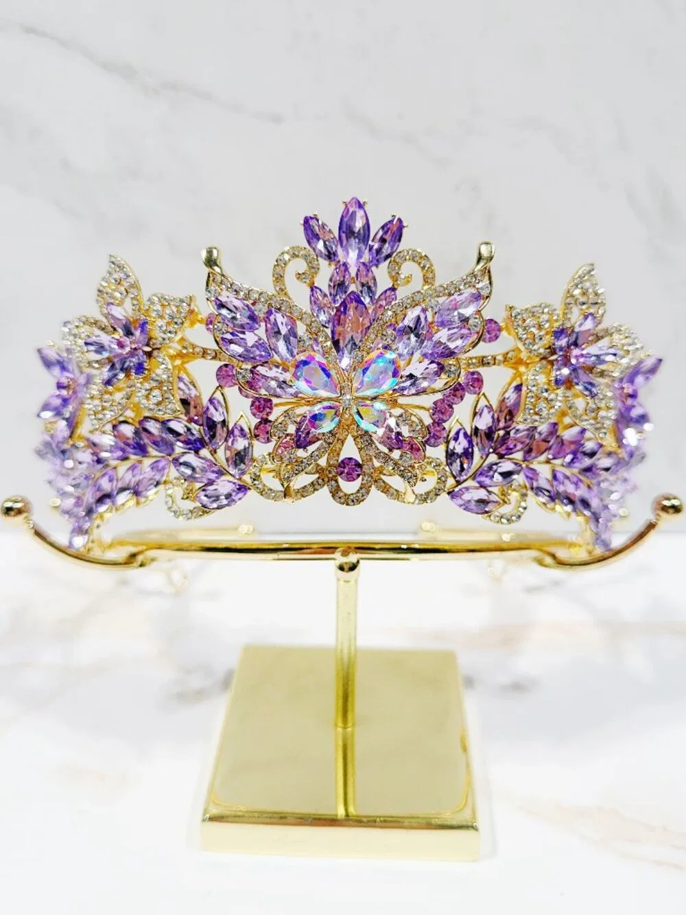 Purple Crystal Butterfly Tiara Crown Gold Tone Pageant Prom Wedding Headpiece